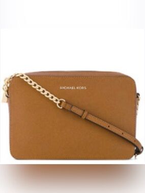Michael Kors Brown Leather Crossbody with Gold Chain Accent